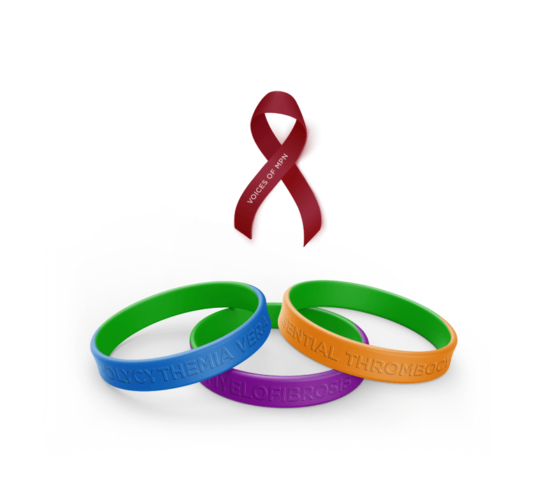 Image of the three MPN bracelets and a Voices of MPN ribbon