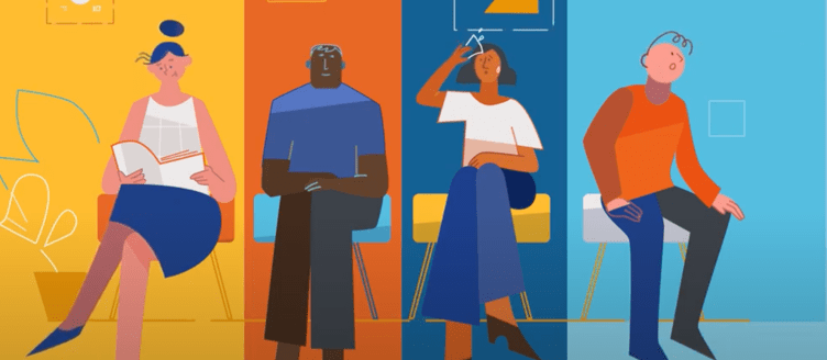 Colorful graphic of 4 people sitting in a healthcare professionals waiting room