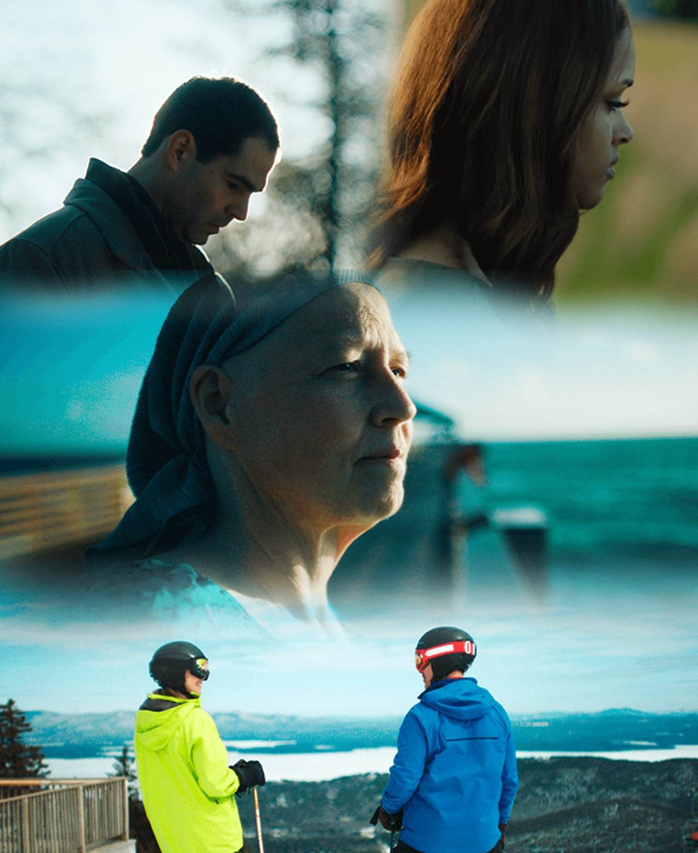 4 individual images of people; the first image is a woman with a headscarf; the second image is of 2 children wearing ski goggles; the third image is of a young man and woman hugging; the fourth image is a headshot of a young woman