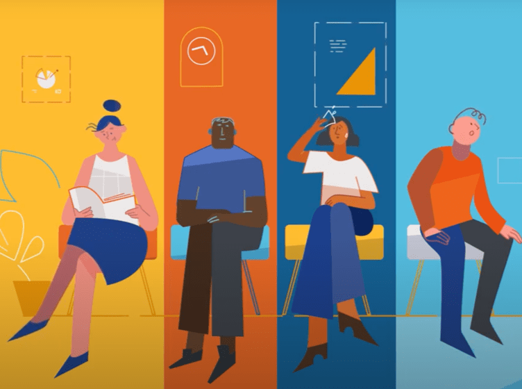 Colorful graphic of 4 people sitting in a healthcare professionals waiting room