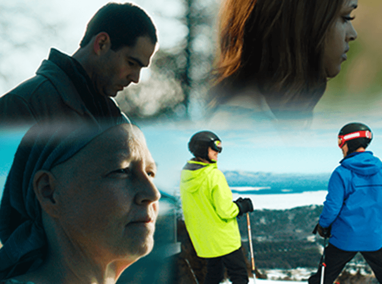 4 individual images of people; the first image is a woman with a headscarf; the second image is of 2 children wearing ski goggles; the third image is of a young man and woman hugging; the fourth image is a headshot of a young woman
