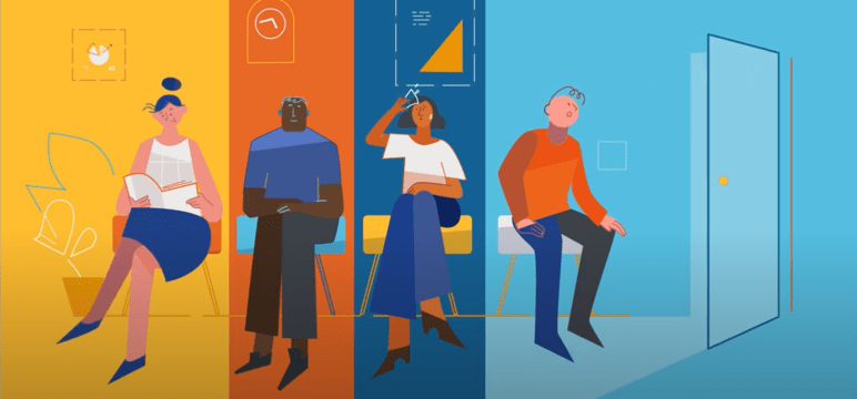 Colorful graphic of 4 people sitting in a healthcare professionals waiting room