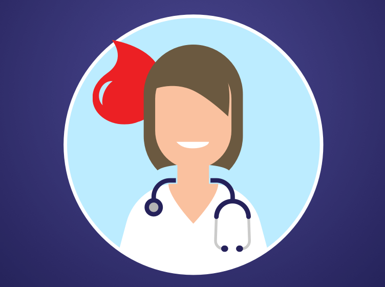 Woman doctor icon with blood droplet next to her