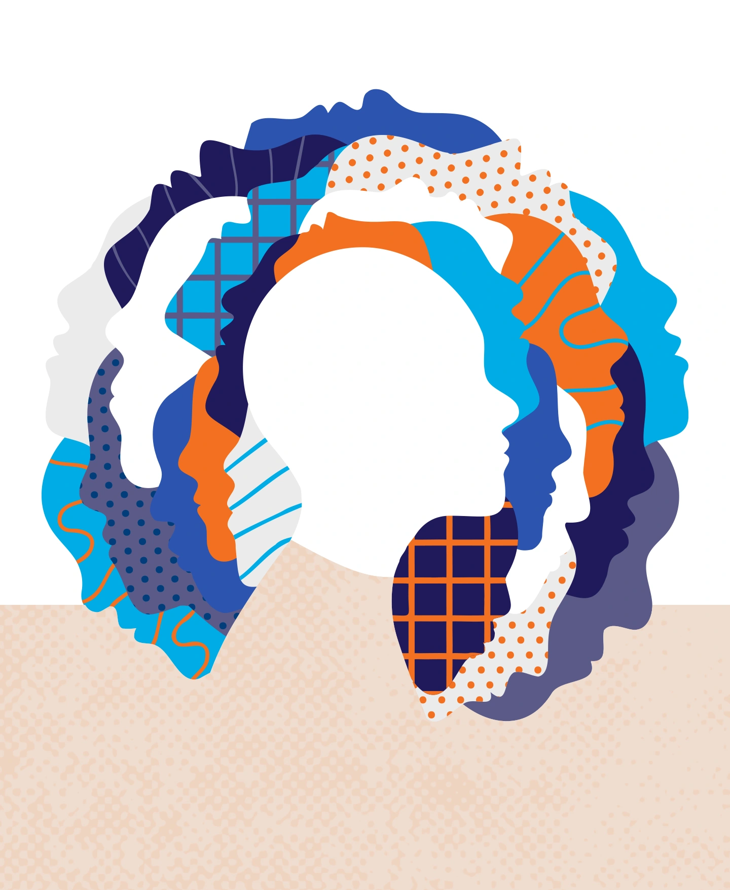 Abstract illustration of overlapping profiles in various shades of blue and orange with diverse patterns, representing unity and diversity.