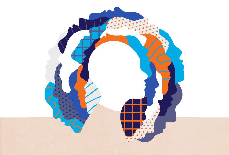 Abstract illustration of overlapping profiles in various shades of blue and orange with diverse patterns, representing unity and diversity.