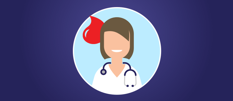 Woman doctor icon with blood droplet next to her