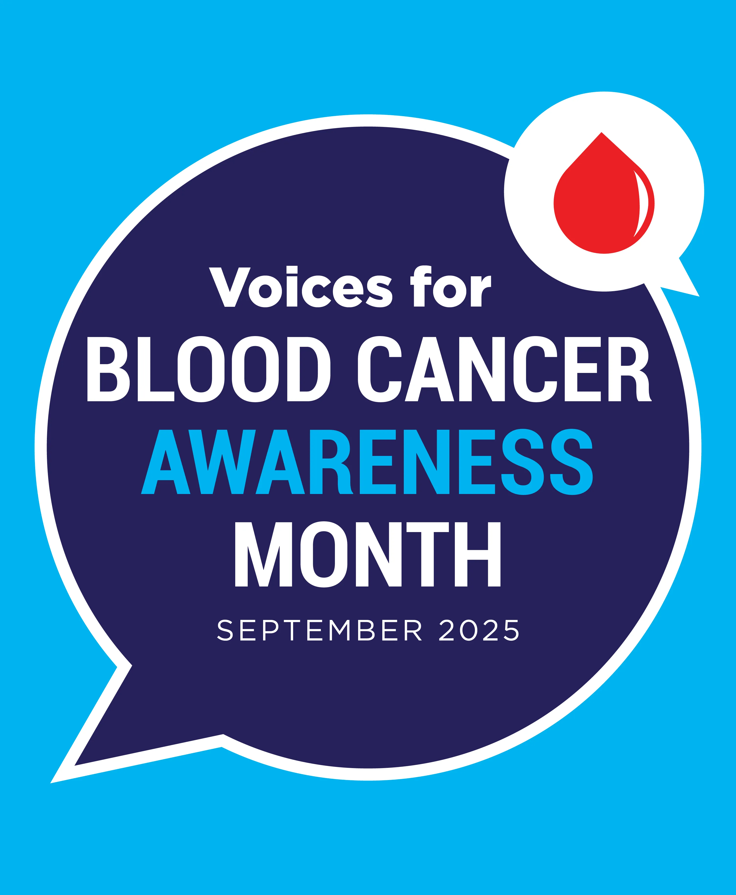 Speech bubble graphic with Blood Cancer Awareness Month logo and blood drop 